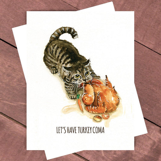 Thanksgiving Cards - Tabby Cat Steals Thanksgiving Turkey