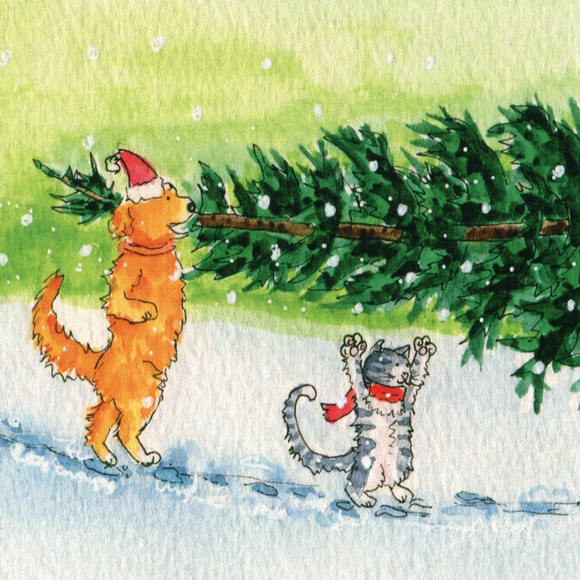 Funny Dog Cat Christmas Card For Friend - Snowy Winter Xmas Tree