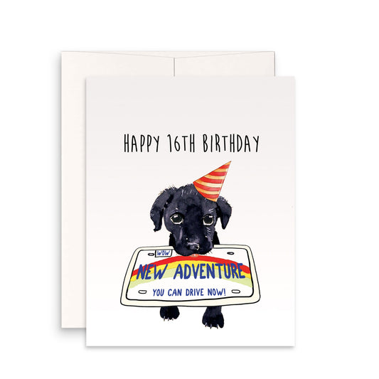 Happy 16th Birthday Card Funny - New Adventure You Can Drive Now - For Black Lab Puppy Dog Lover