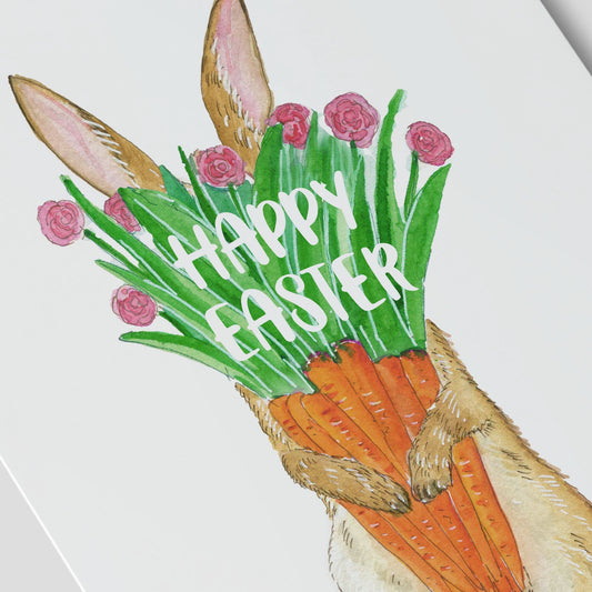 Carrot Flower Bunny Easter Card Pack - Funny Easter Cards For Kids - Watercolor Spring Greeting Card Set For Friends