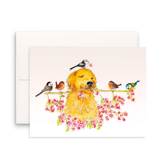 Spring Bird Floral Watercolor Cards Set - Golden Retriever Birds Blank Note Cards