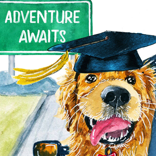 Dog Graduation Cards 2022 - Adventure Awaits Road Trip Travel - Golden Retriever College Graduation Gift