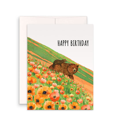 Grizzly Bears Birthday Card For Mom - Spring Poppy Flower Field Baby bear