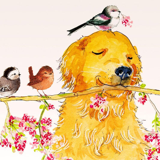 Spring Bird Floral Watercolor Cards Set - Golden Retriever Birds Blank Note Cards