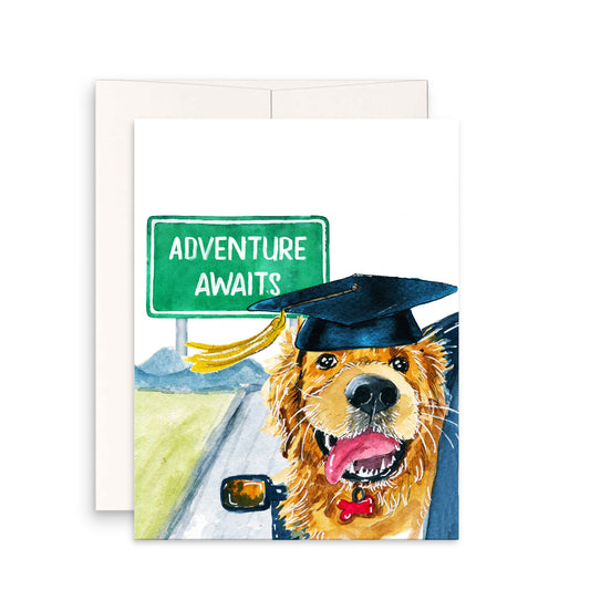 Dog Graduation Cards 2022 - Adventure Awaits Road Trip Travel - Golden Retriever College Graduation Gift