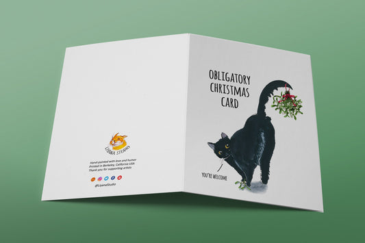 Funny Christmas Cards - Naughty Black Cat Mistletoe - Obligated Holiday Card