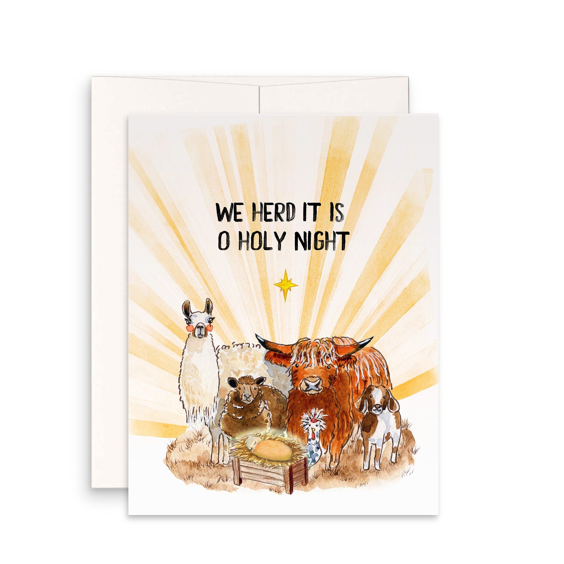 Watercolor Nativity Scene Farm Animals Christmas Cards - Oh Holy Night - Goat Cow Llama Chicken Sheep