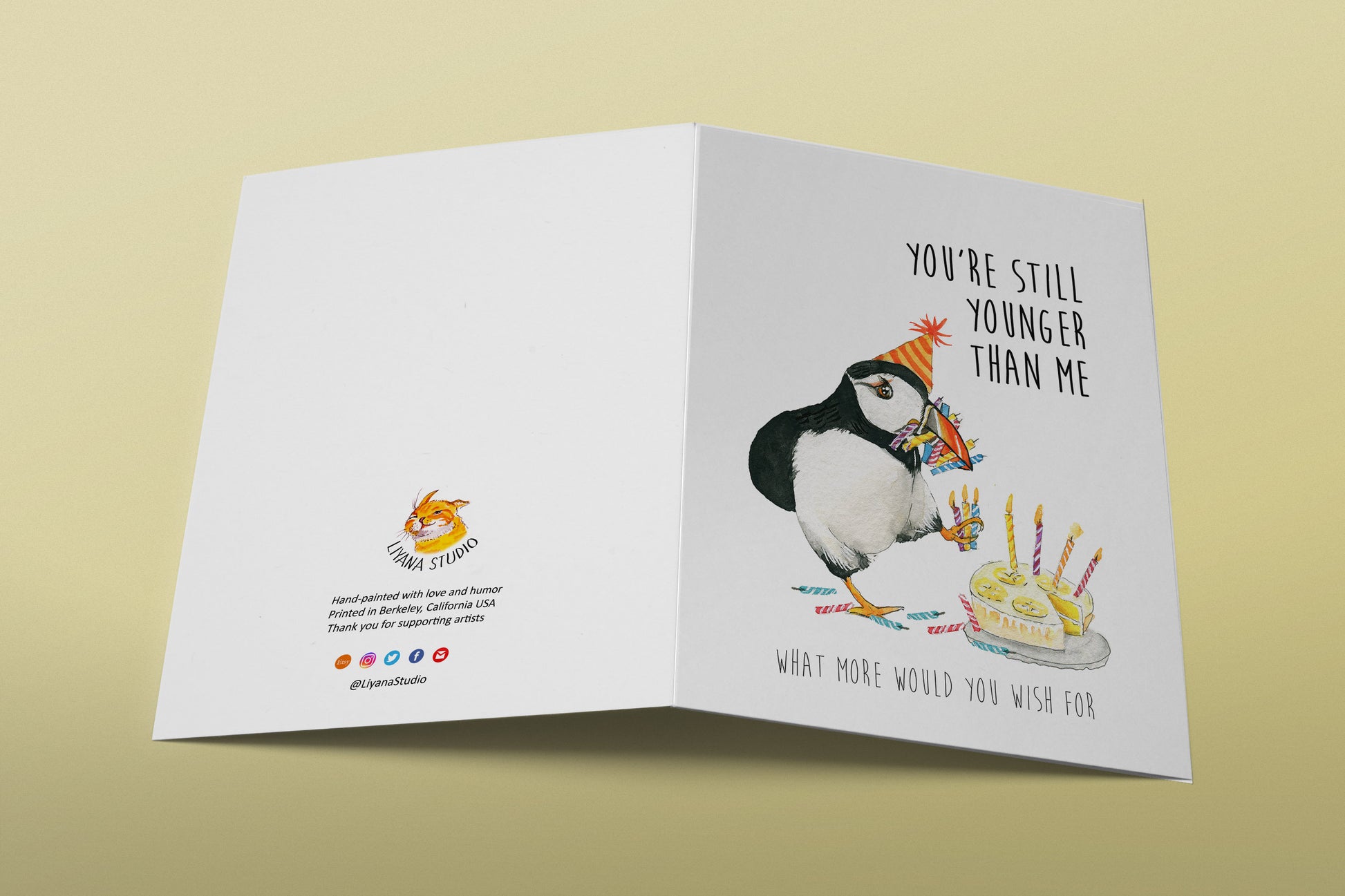 Puffin Bird Funny Birthday Card For Friends - You Are Still Younger Than Me - Candles On Yellow Cake Happy Birthday Gifts