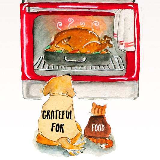 Thanksgiving Cards Funny - Cat And Dog Holiday Cards For Friends- Thankful For Turkey In Oven