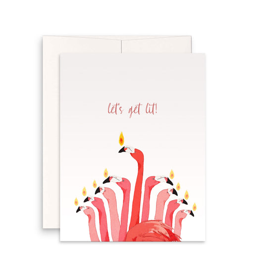 Funny Flamingos Hanukkah Card - Let's Get Lit