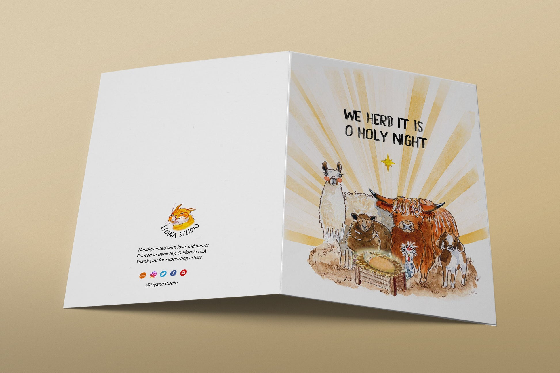 Watercolor Nativity Scene Farm Animals Christmas Cards - Oh Holy Night - Goat Cow Llama Chicken Sheep