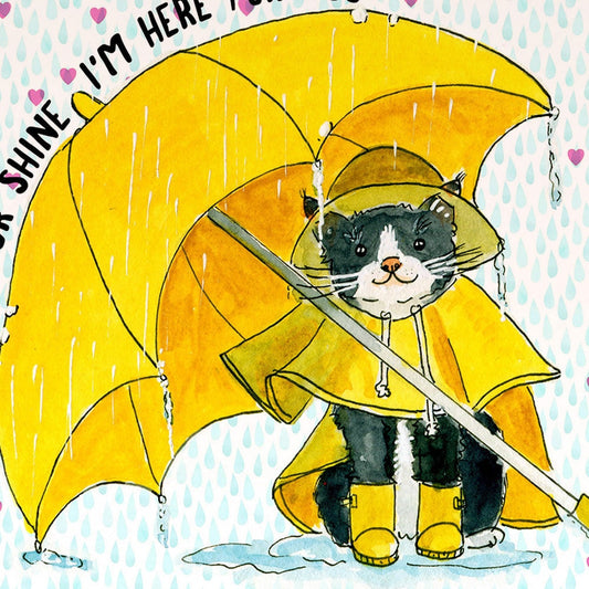 Thinking Of You Cards For Friend - Tuxedo Cat With Umbrella
