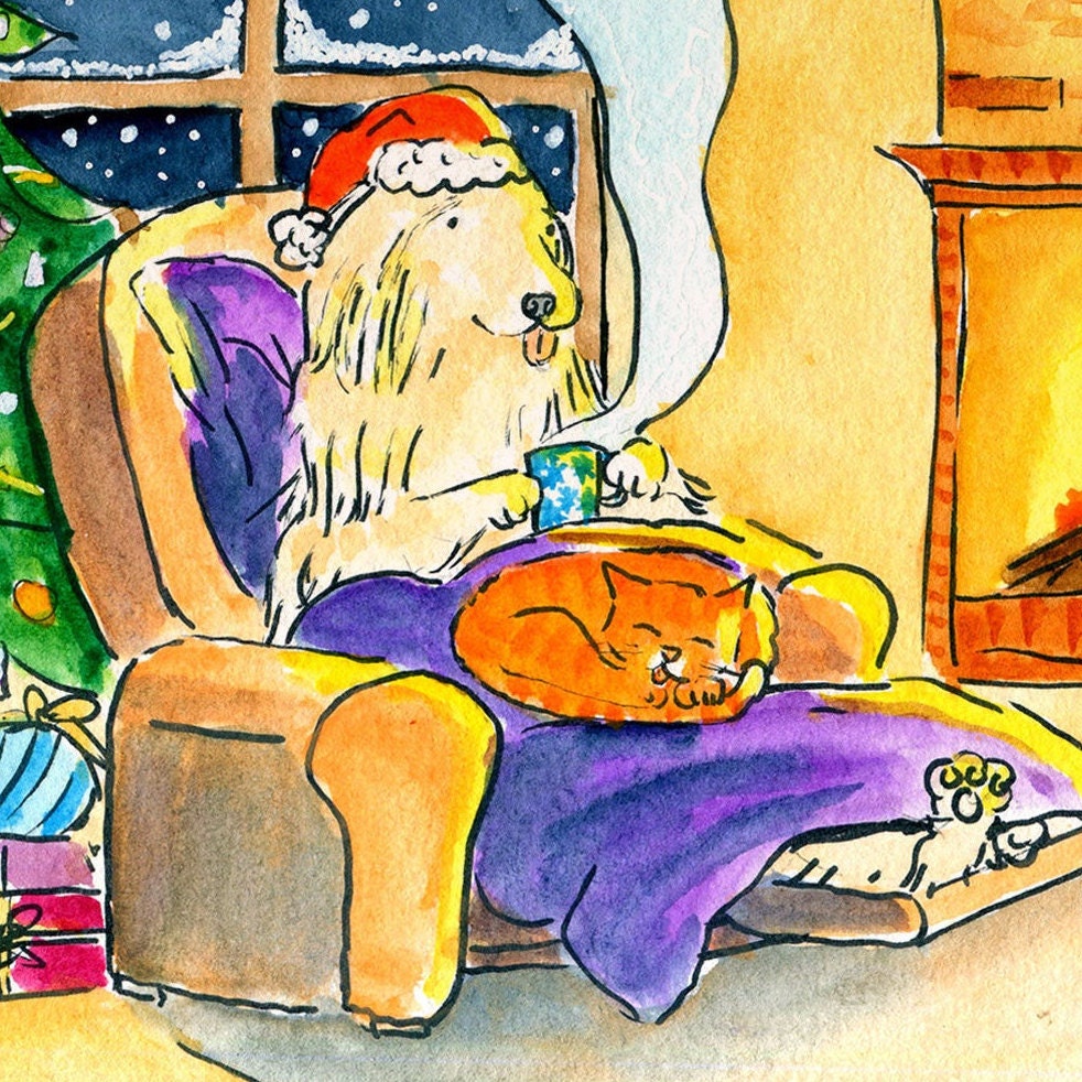 Cozy Warm Dog Sleepy Cat on Laps Hot Tea Fireplace Christmas Tree Christmas Eve Snow Watercolor Winter Holiday Funny Cute Greeting Card