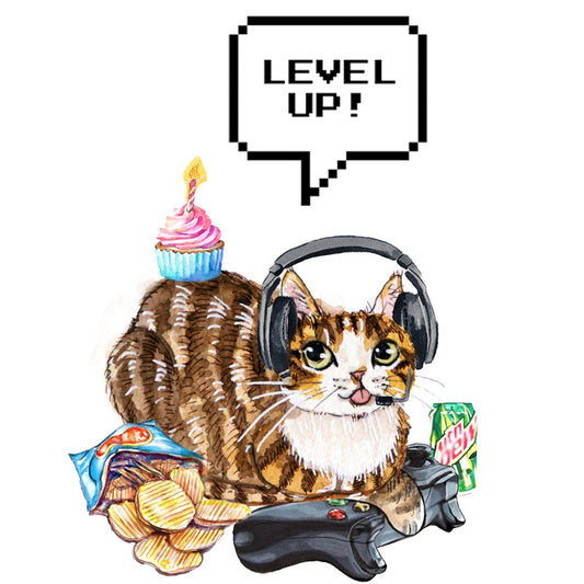 Cat Gamer Happy Birthday Cards For Boyfriend - Video Games Level Up