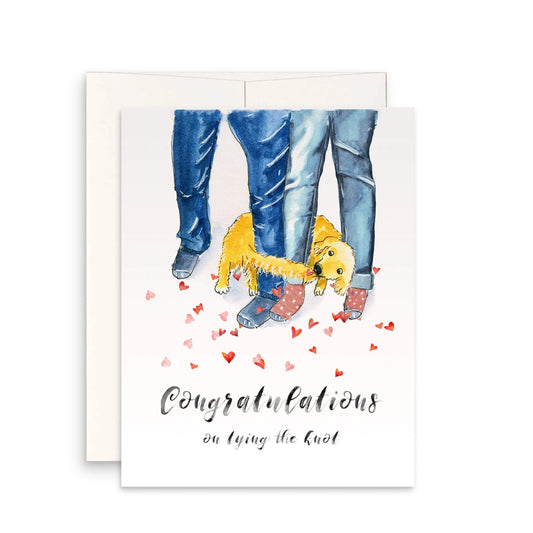 Dog Funny Wedding Card Funny - Congratulations Card For Friends - Tie The Knot - Golden Retriever Puppy Caught Tail