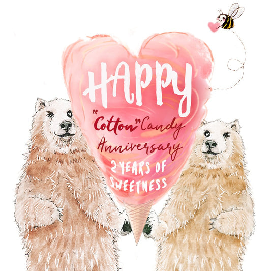 Polar Bear Couple Cotton Anniversary Card For Husband - Cotton Candy 2 Years Sweetness - 2nd Anniversary Gift For Boyfriend