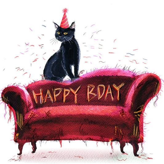 Naughty Black Cat Birthday Cards Funny - Couch Scratch Cats Gift