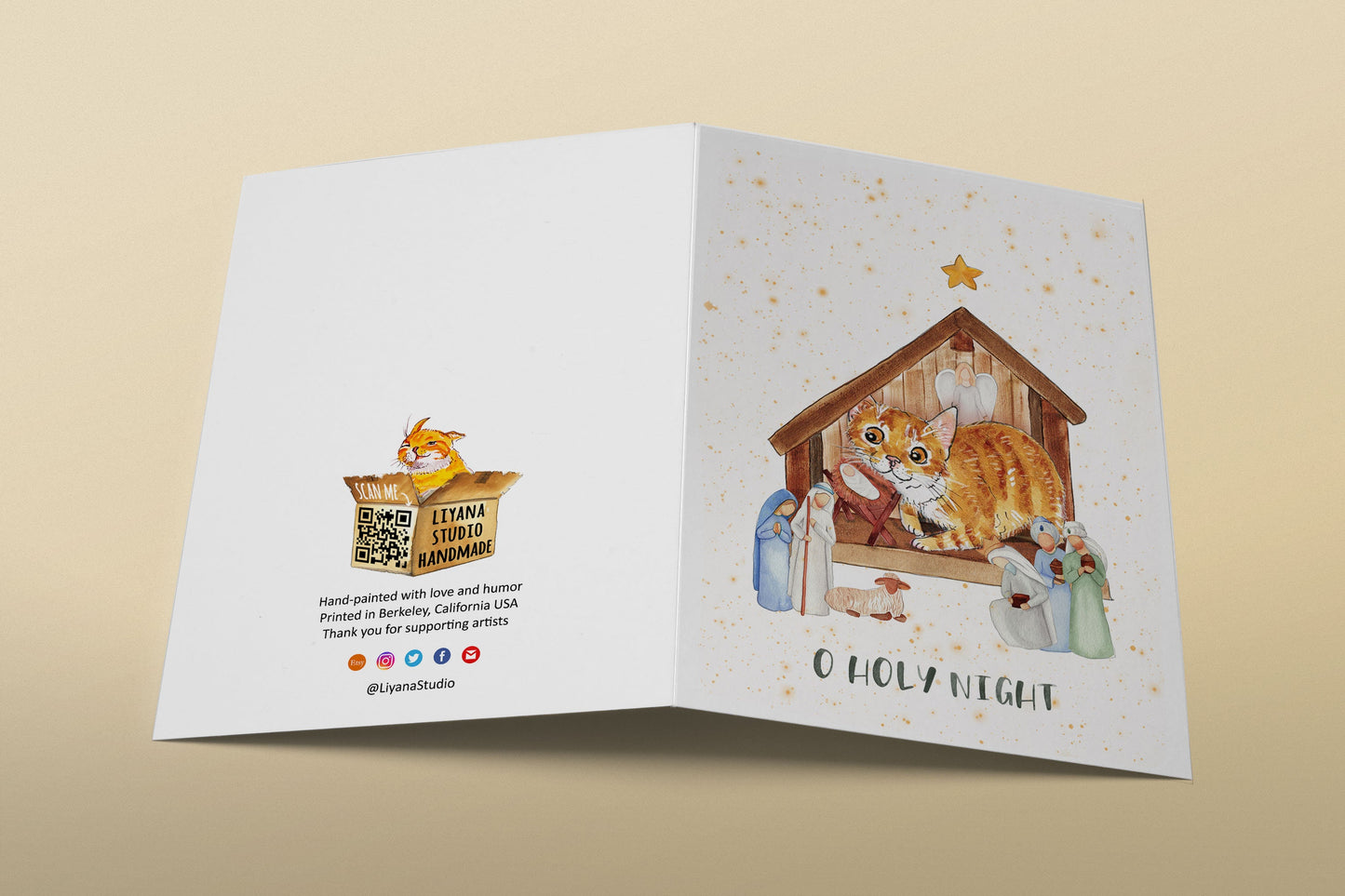 O Holy Night Christmas Cards - Cat Nativity Scene Religious Card