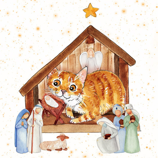 O Holy Night Christmas Cards - Cat Nativity Scene Religious Card