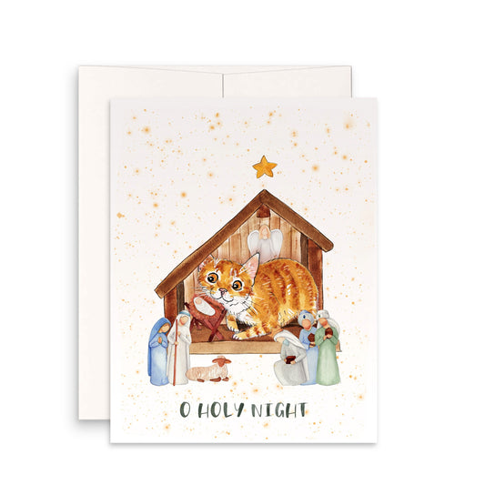 O Holy Night Christmas Cards - Cat Nativity Scene Religious Card