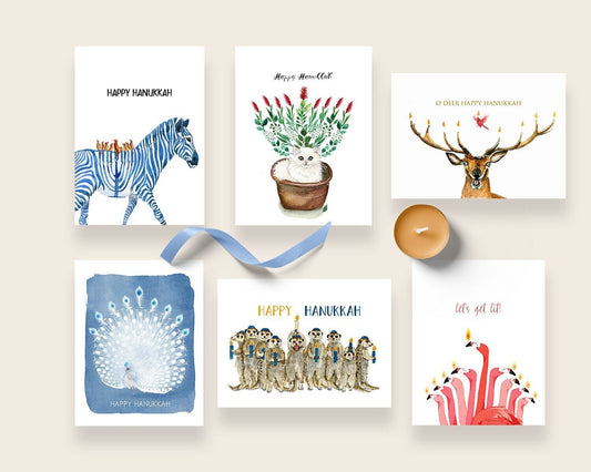 Animal Funny Hannukah Cards Set - Handmade Menorah Greeting Cards Pack - Unique Watercolor Chanukkah Arts Gift