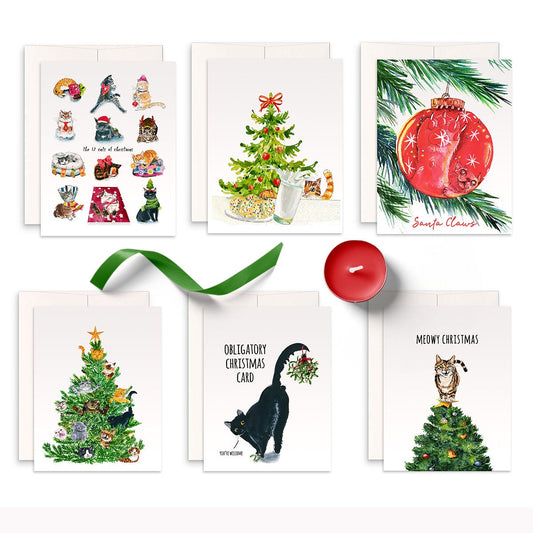 Funny Christmas Card Set Cats - Holiday Cards Set For Cat Lovers - Tabby Orange Black Cat Gifts