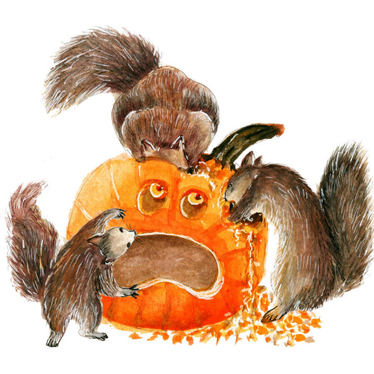 Funny Halloween Cards Squirrels Eating Pumpkin - Treats Only - Fall Greetings For Friends