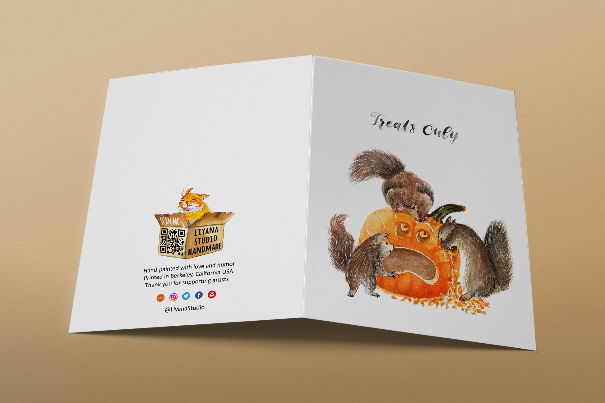Funny Halloween Cards Squirrels Eating Pumpkin - Treats Only - Fall Greetings For Friends