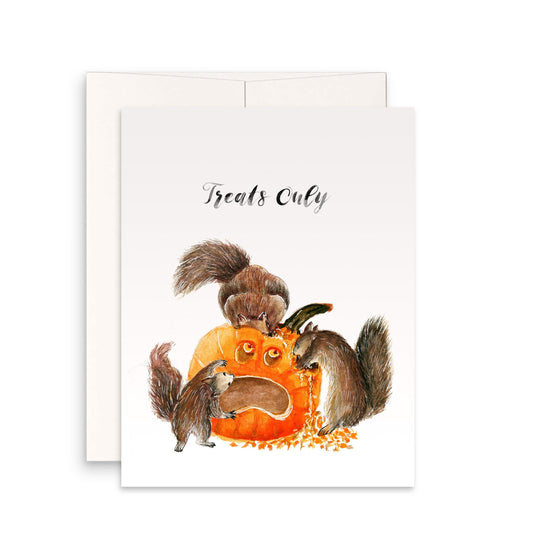 Funny Halloween Cards Squirrels Eating Pumpkin - Treats Only - Fall Greetings For Friends