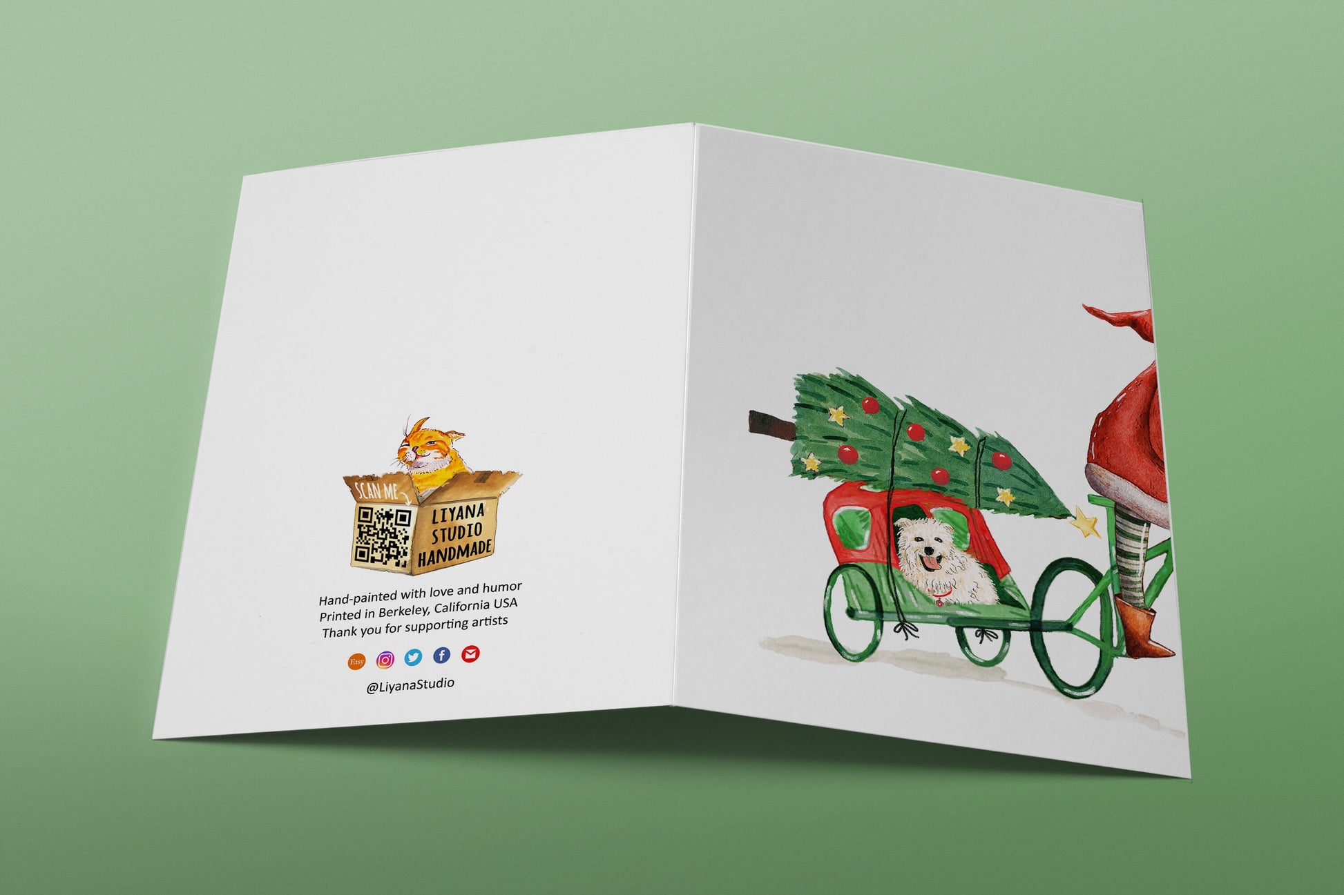 Cycling Funny Christmas Cards For Kids - Santa Claus Bike Tailer Xmas Tree - Cute White Dog Bichon Frise