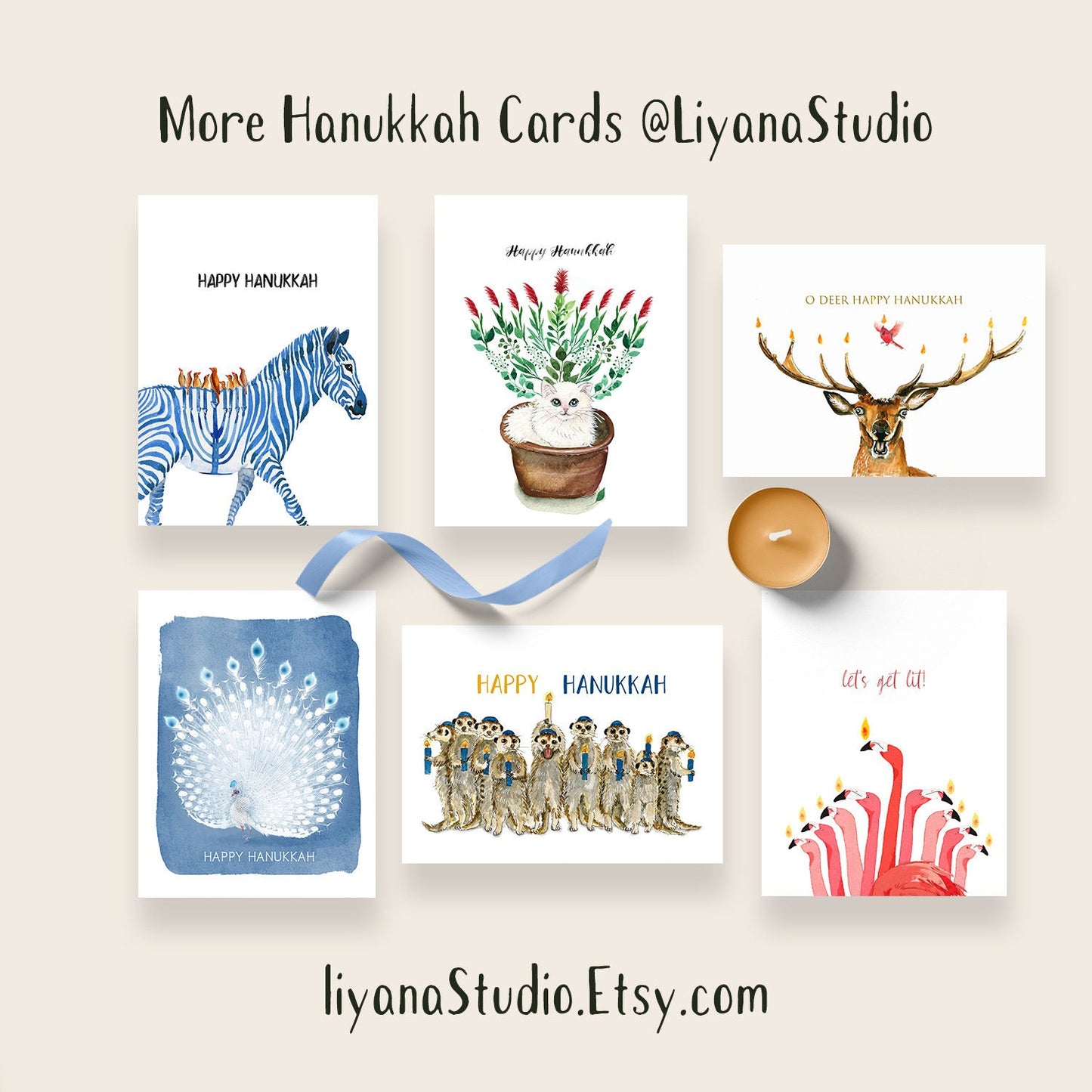 Peacock Happy Hanukkah Cards - Jewish Holiday Watercolor Greeting Card Handmade