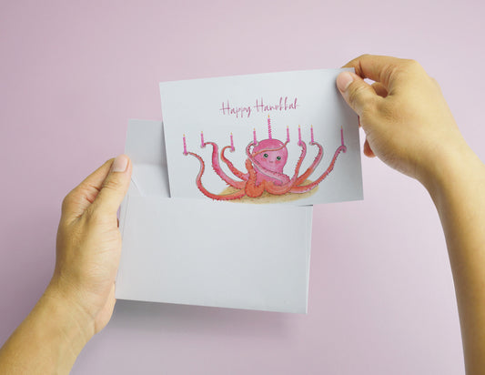 Octopus Menorah Hanukkah Cards For Her - Unique Chanukah Arts For Girl