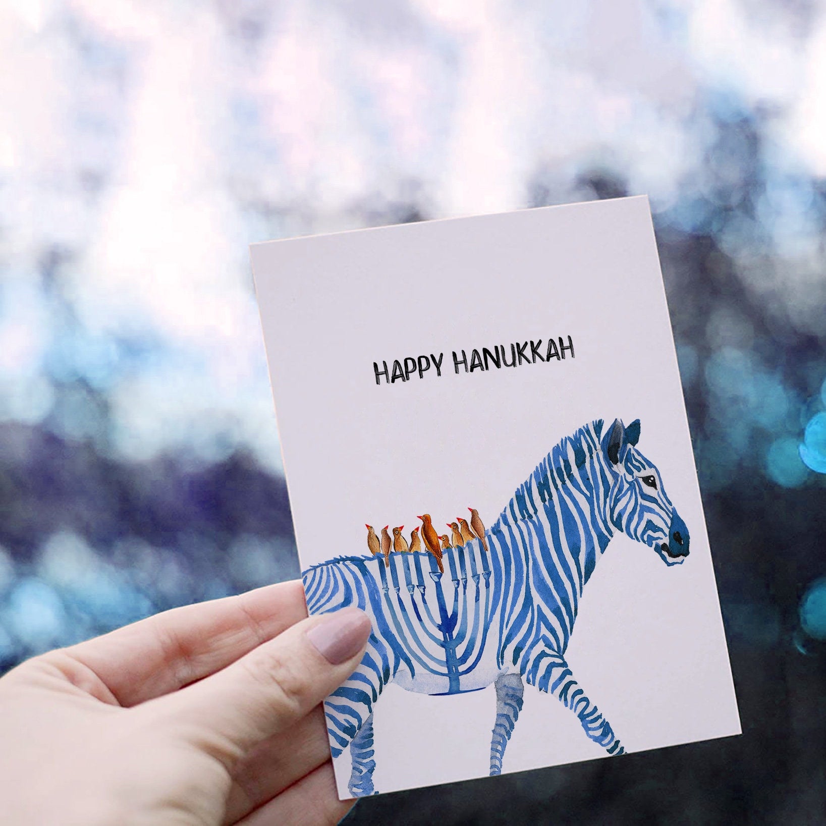 8 Animal Funny Hannukah Cards Set - Handmade Menorah Greeting Cards Pack - Unique Watercolor Chanukkah Arts Gift