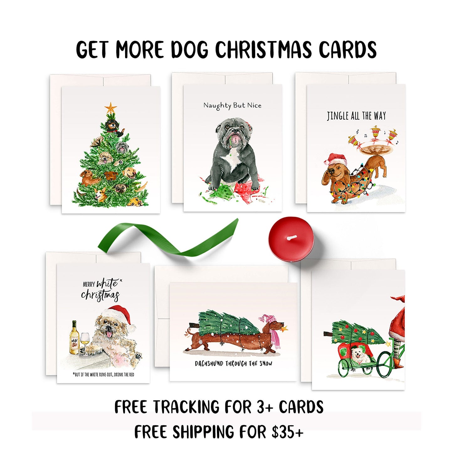Winter Wonderland Dog Christmas Card Funny - All Is Bright Christmas Light - Pit bull Dog Holiday Cards Pack - Handmade By Liyana Studio
