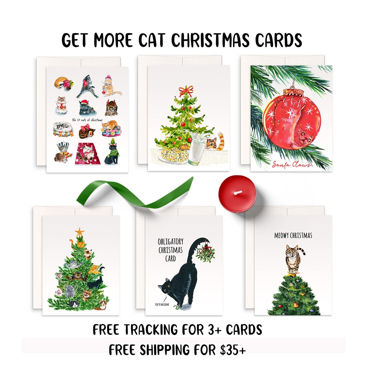 Funny Cat Christmas Cards Pack - Santa Claws Christmas Tree Ornament