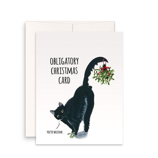 Funny Christmas Cards - Naughty Black Cat Mistletoe - Obligated Holiday Card