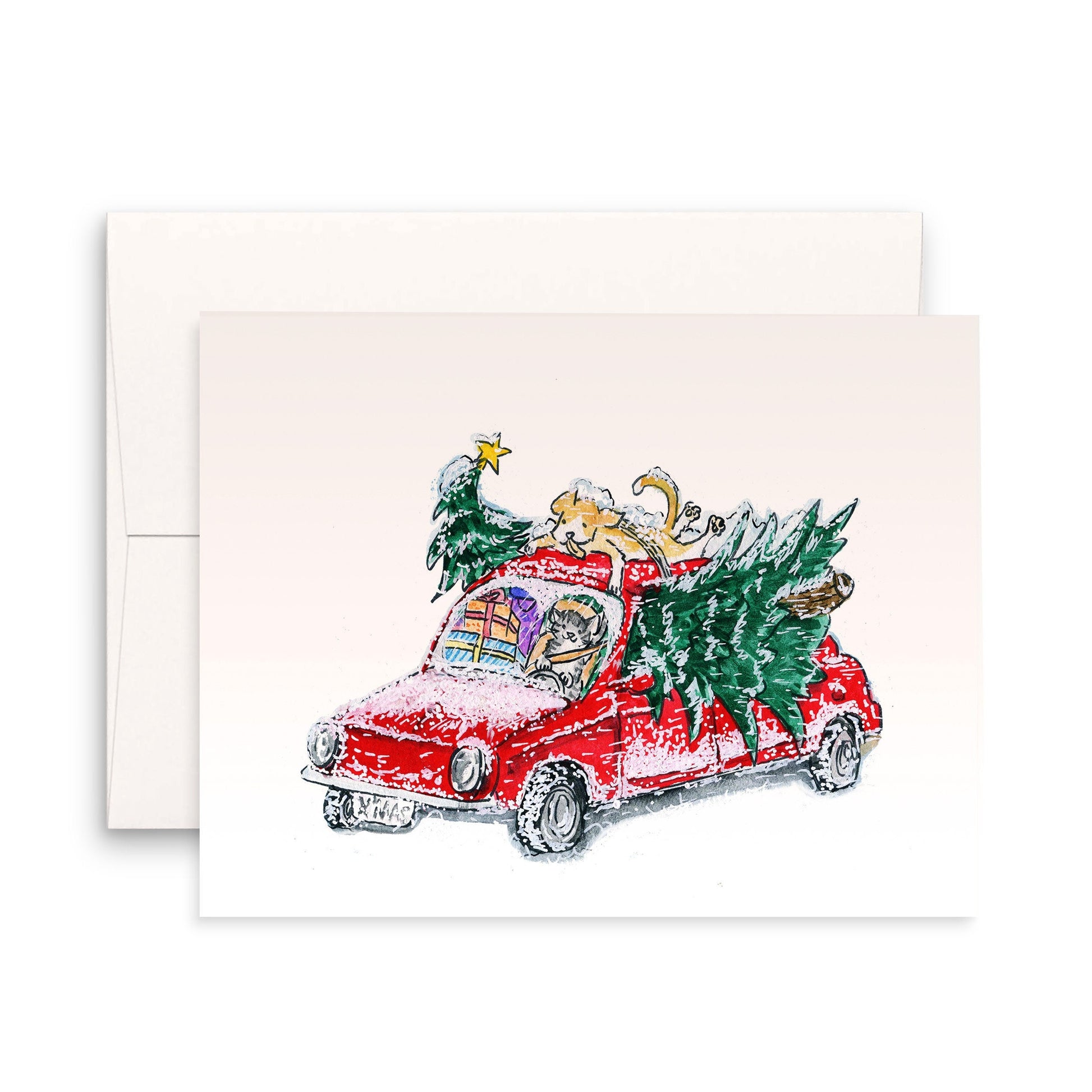 Funny Dog And Cat Christmas Tree Card, Bring Christmas Tree Home Holiday Spirit, Funny Cat Driver Card Winter Season Snowy Christmas Night