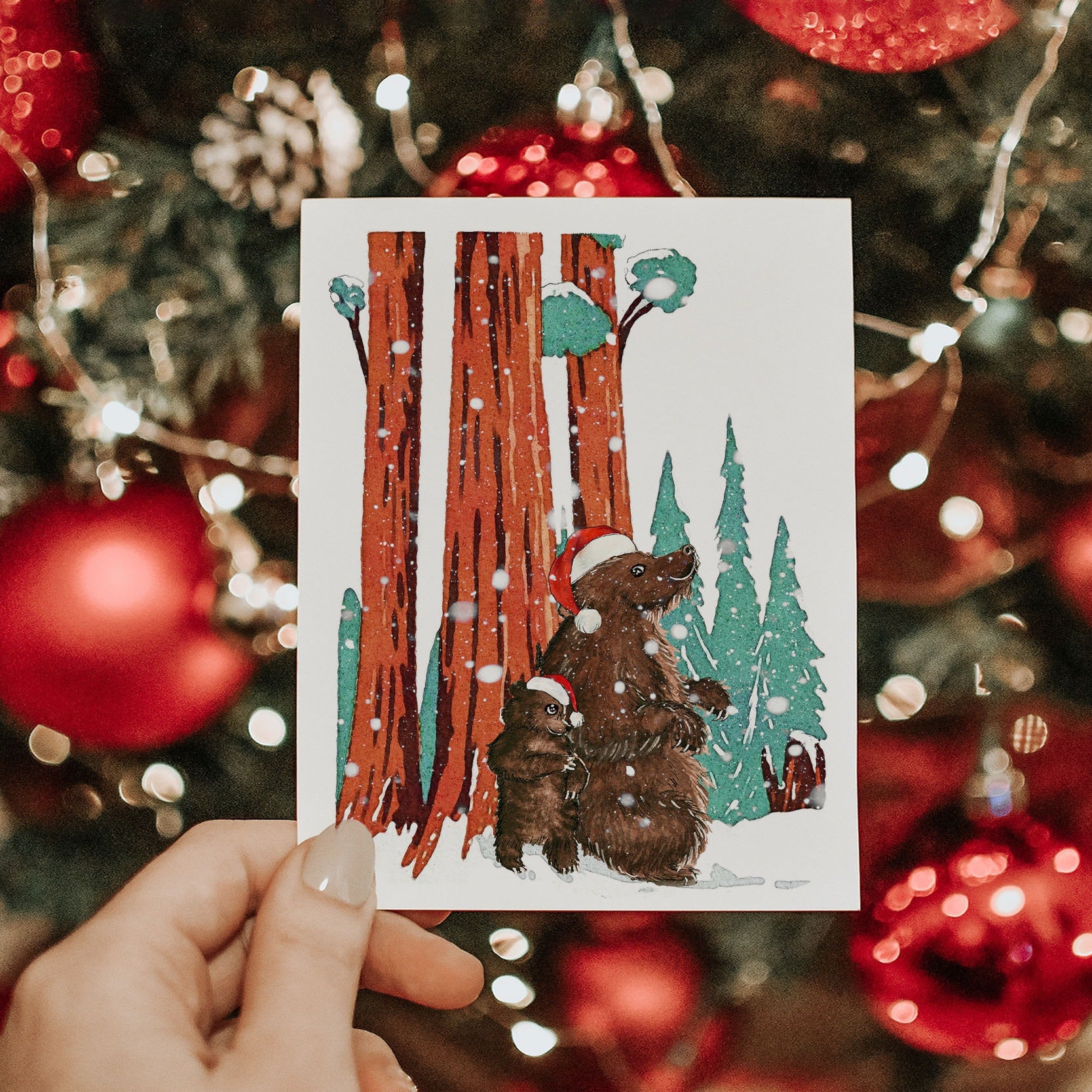 Bear Christmas Card Funny - Snow Woodland Animal Christmas Cards - Bear Family Kid