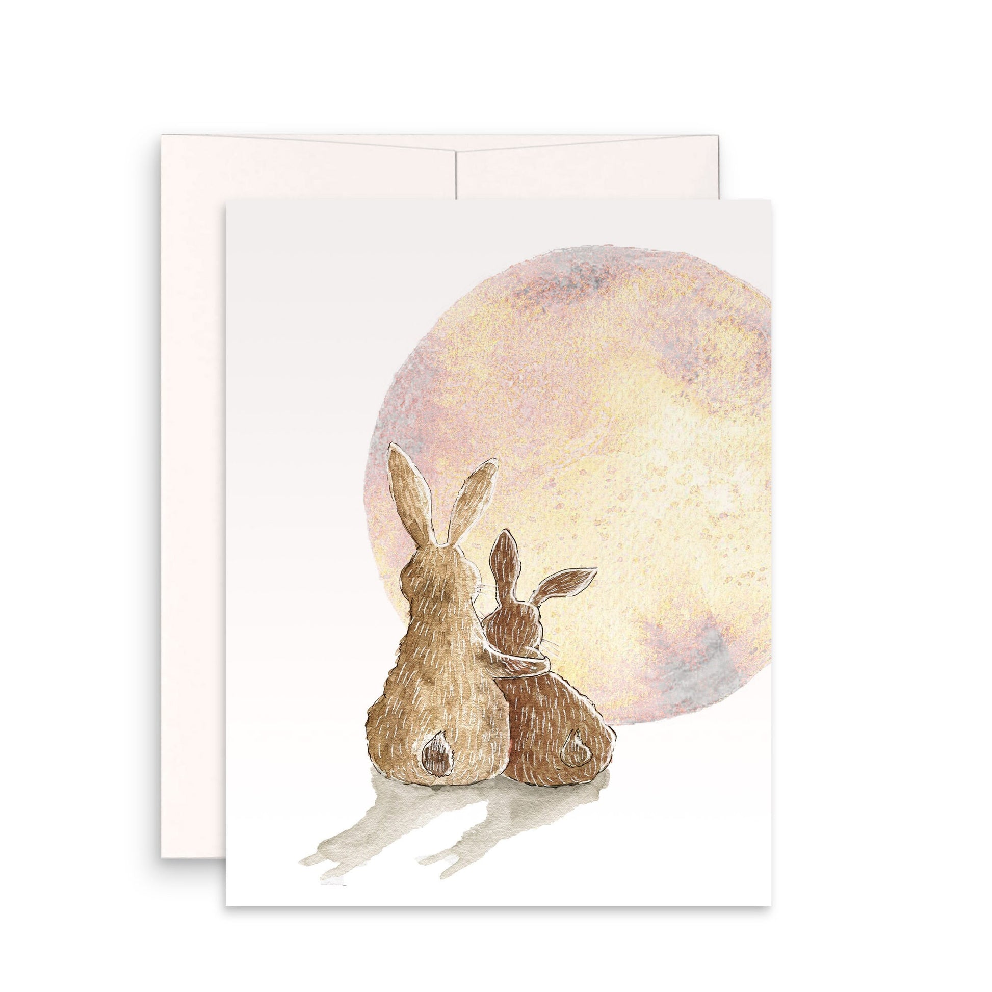 Watercolor Moon Easter Bunny Greeting Card For Her - Handmade Easter Cards For Kids
