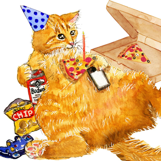 Beer Pizza Gamer Cat Birthday Card Funny - Older But Not Wiser - Orange Tabby Cat Birthday Cards For Friends