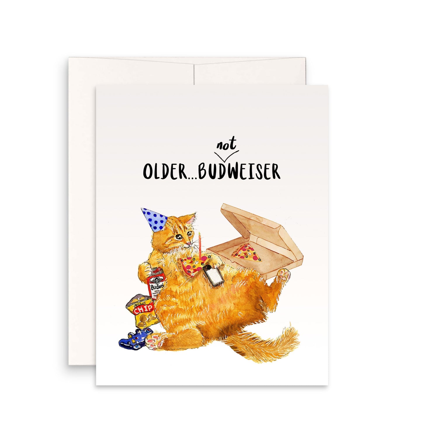 Beer Pizza Gamer Cat Birthday Card Funny - Older But Not Wiser - Orange Tabby Cat Birthday Cards For Friends