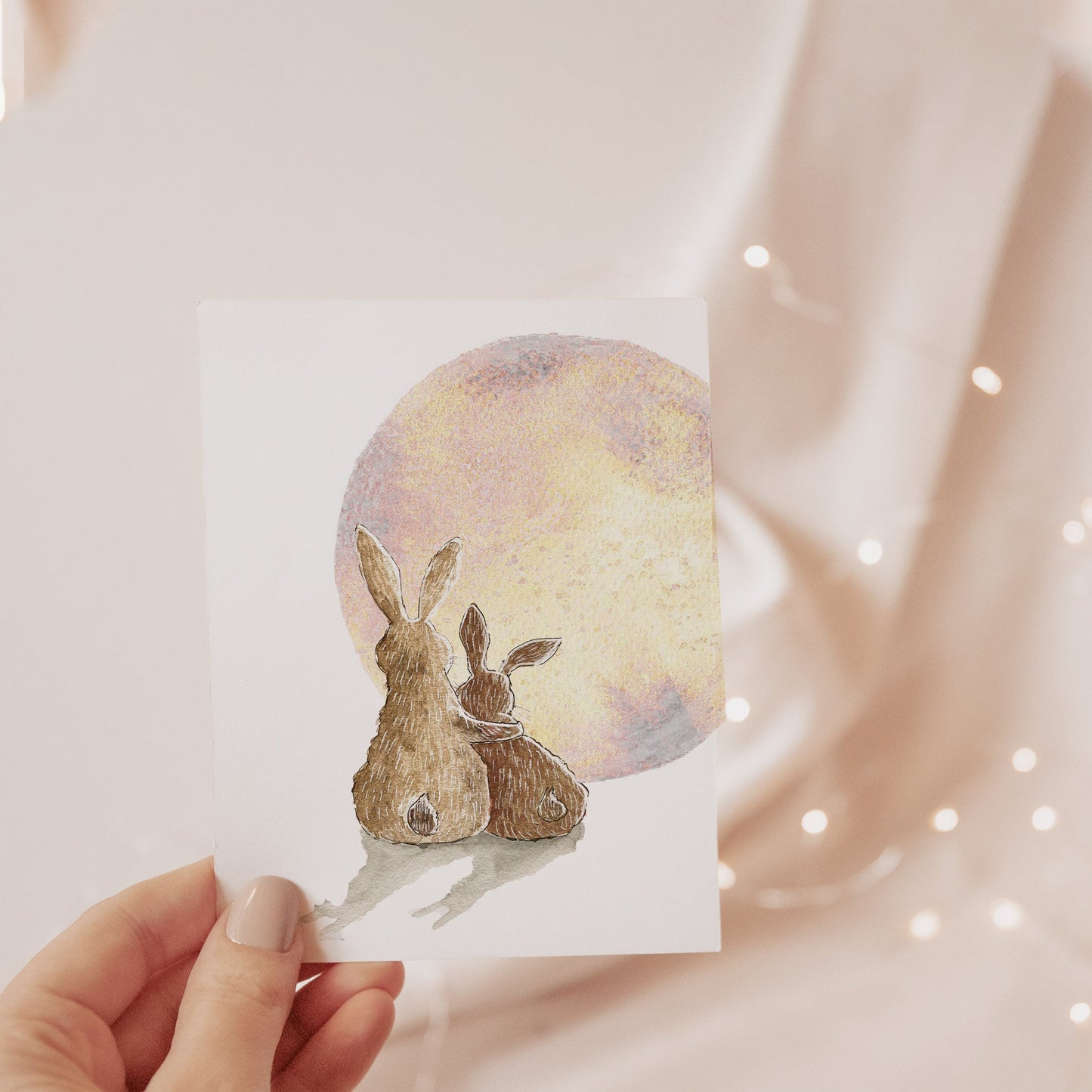 Watercolor Moon Easter Bunny Greeting Card For Her - Handmade Easter Cards For Kids