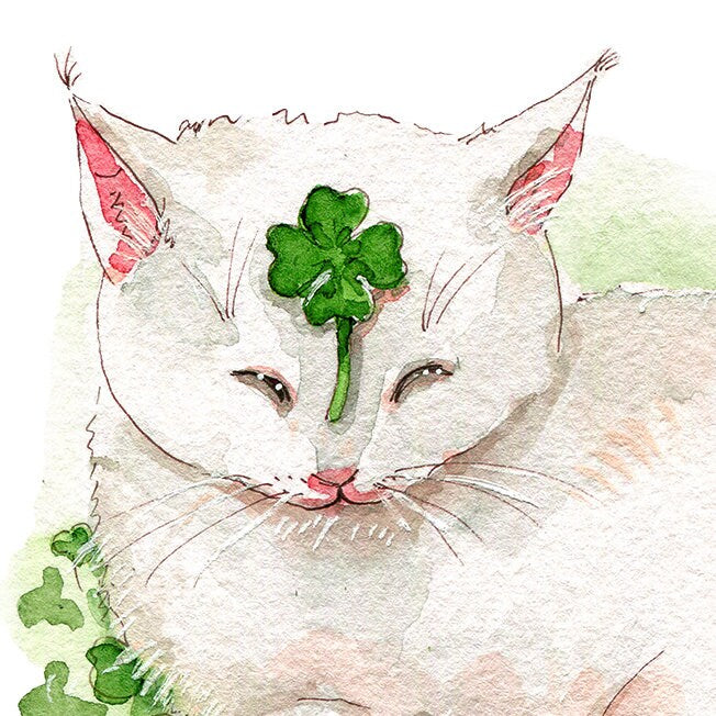 Lucky Clovers Cat Good Luck Card For Friends - Four Leaf Shamrock Cards - Saint Patrick's Day Card For Her