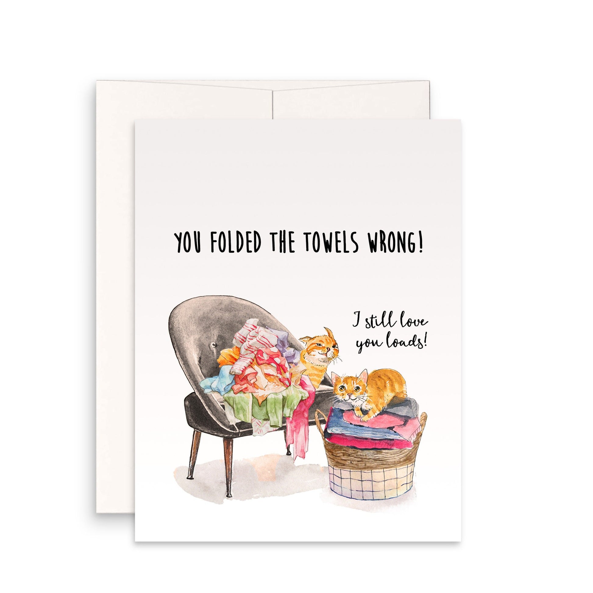 Laundry Cat Funny Anniversary Cards For Husband - You Fold Towels Wrong - 4th Linen Anniversary Card For Him