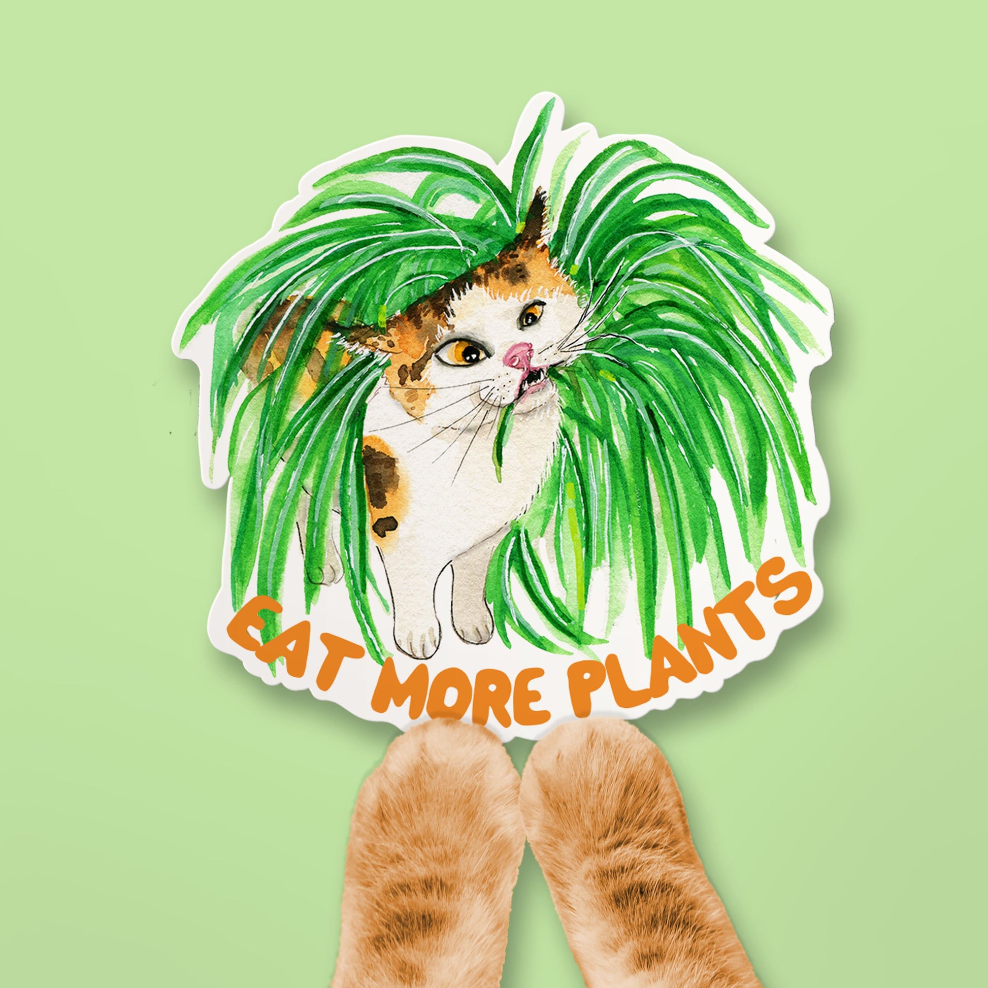 Eat More Plants Vegetarian Sticker For Plant Mom - Calico Cat Funny Waterproof Stickers For Vegan