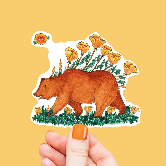 Poppy Flower Bear Sticker - California Flag Travel Lover Gift - Water Bottle Waterproof Stickers For Nature Hiking Adventure - Liyana Studio
