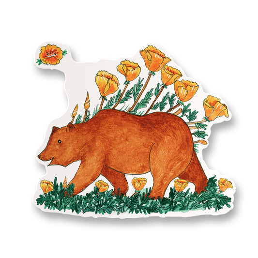 Poppy Flower Bear Sticker - California Flag Travel Lover Gift - Water Bottle Waterproof Stickers For Nature Hiking Adventure - Liyana Studio