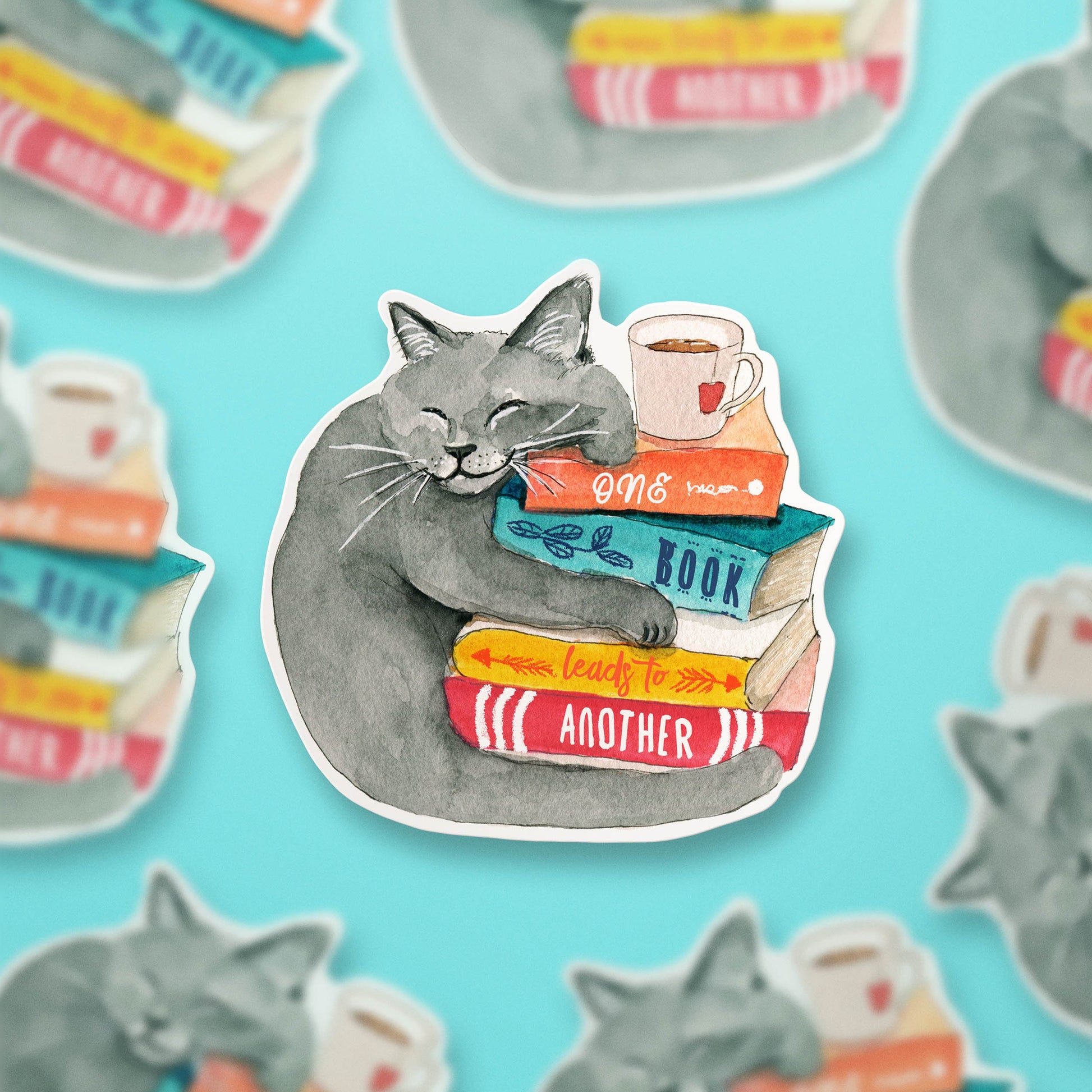 Book Lover Cat Sticker - One Book Leads To Another - Funny Waterproof Stickers For Bookish Gifts - Liyana Studio