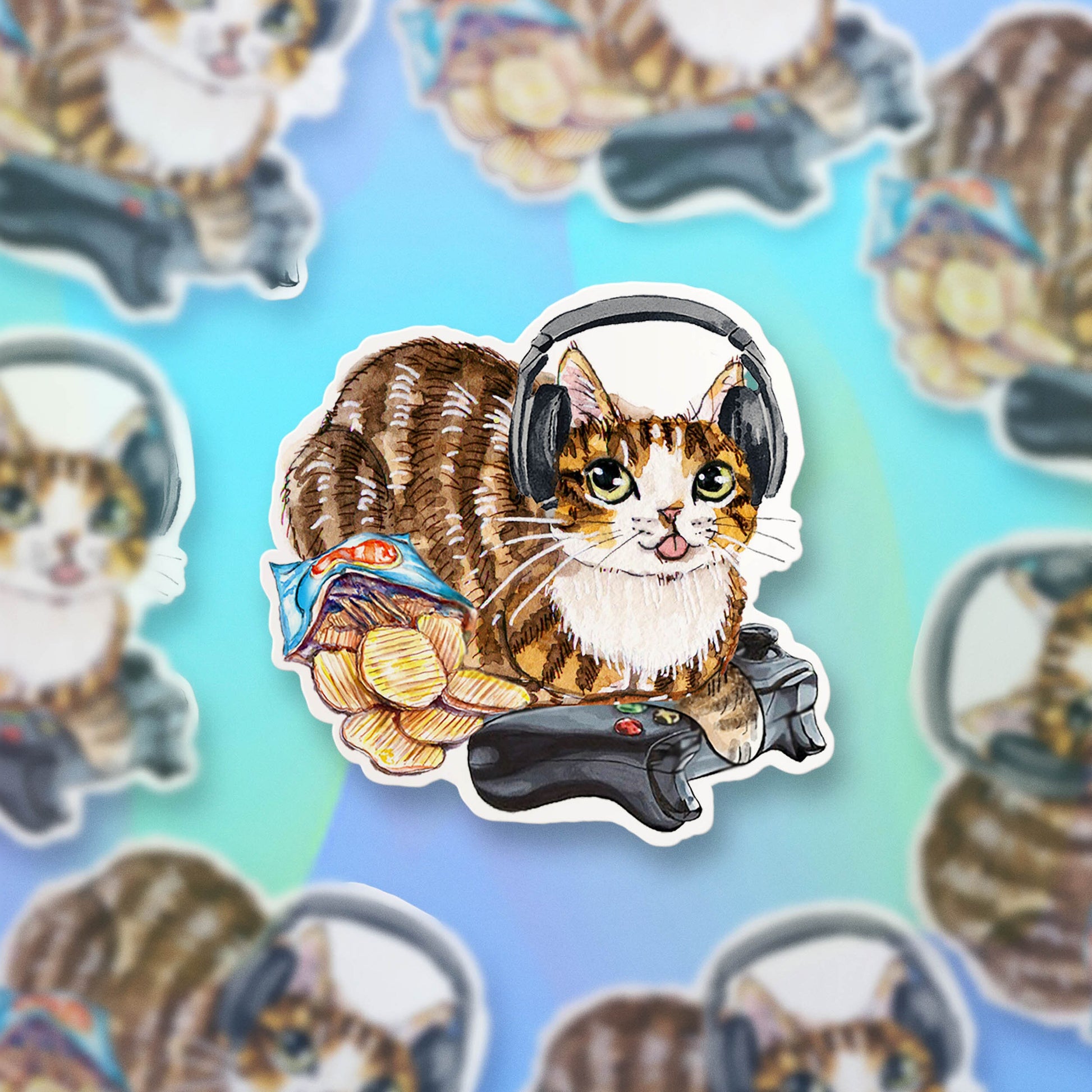 Cozy Gamer Sticker - Video Gaming Tabby Cat Sticker - Nerdy Gamer Vinyl Sticker Waterproof