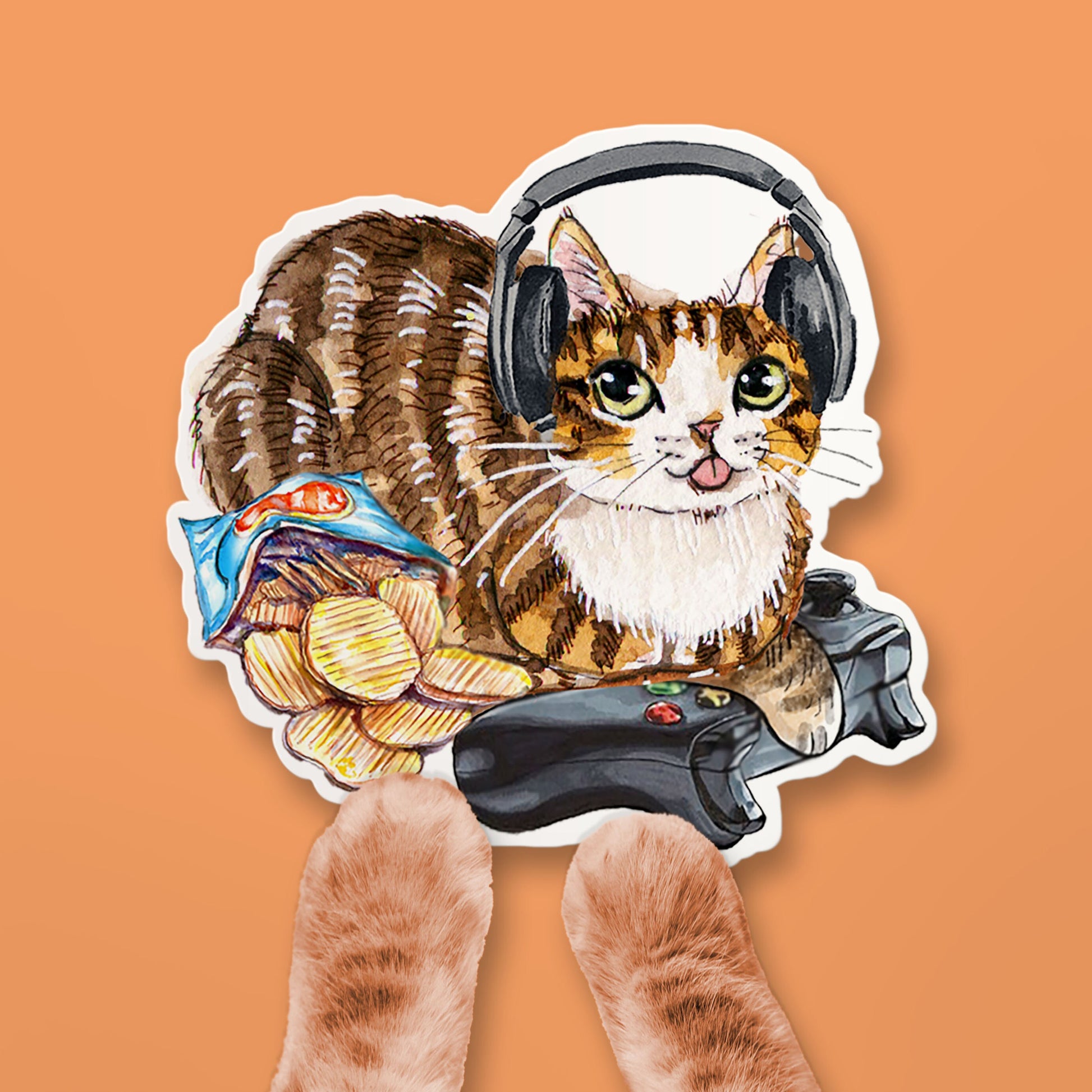 Cozy Gamer Sticker - Video Gaming Tabby Cat Sticker - Nerdy Gamer Vinyl Sticker Waterproof